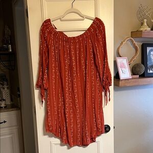 Miss Me Rust Red Boho Off-Shoulder Tie-Sleeve Tunic